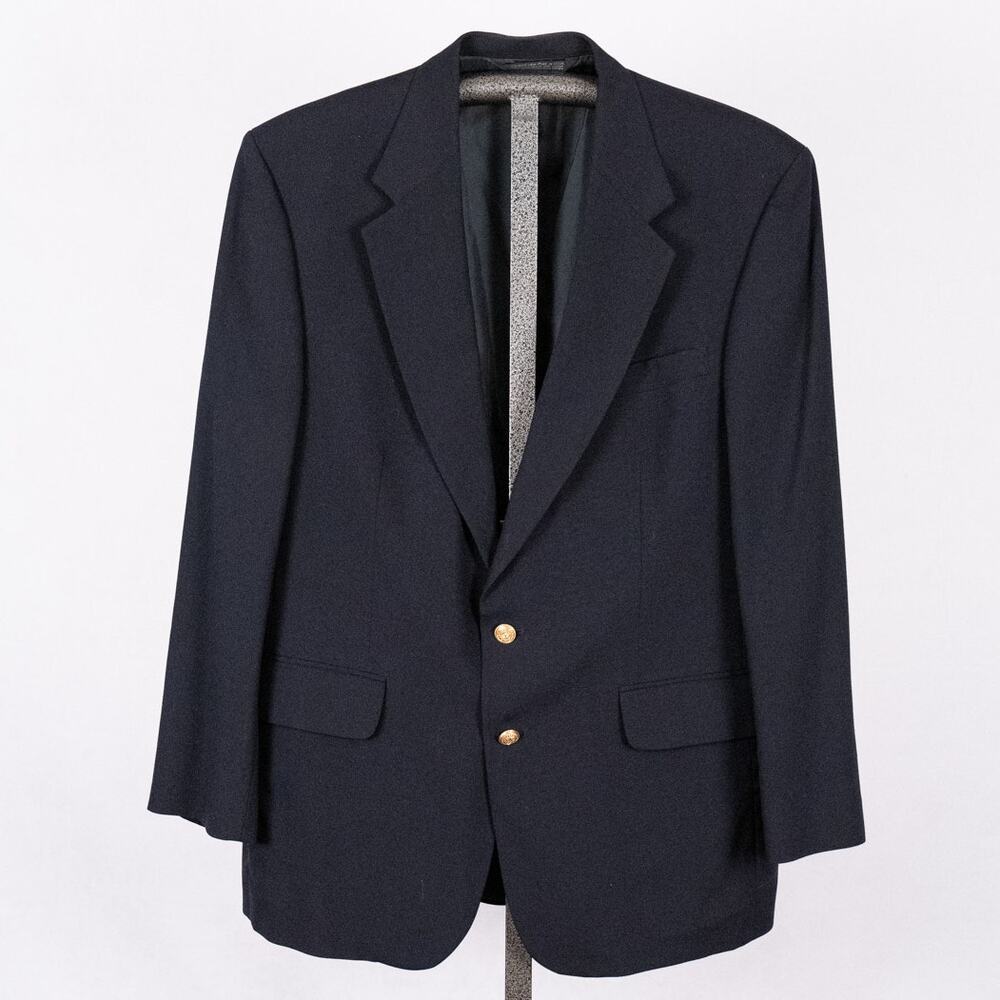 Lands End Men's Wool Blazer Navy Blue w/ Gold Nautical Anchor Buttons 44R Preppy